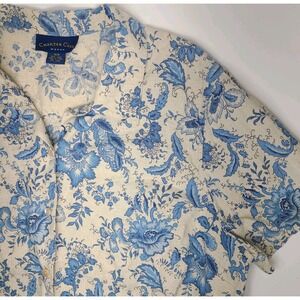 Charter Club Linen Blouse Womens 16W Blue Tan Floral Button Front Top